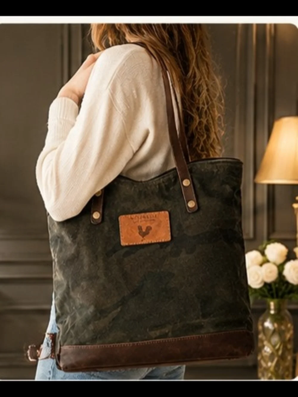 Men's Dark Olive Camo Canvas Tote with Brown Leather Trim